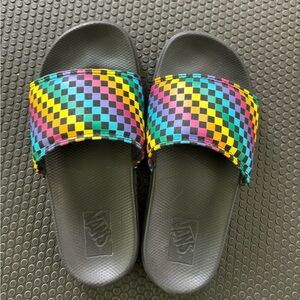 Kids rainbow checkered slides